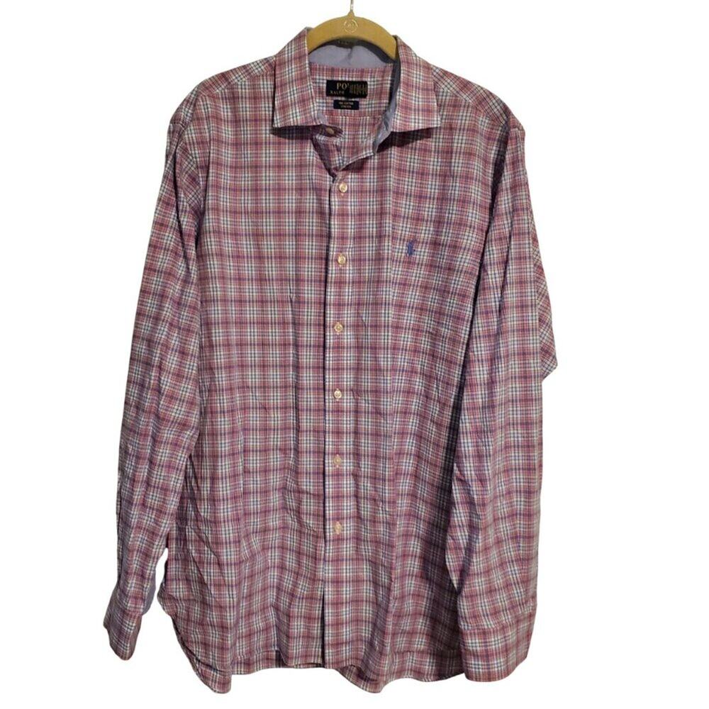 Polo Ralph Lauren Pink Blue White Plaid Long Sleeve Casual Shirt Men's Size Larg